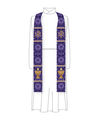 Violet Luther Rose Brocade Lent pastor priest stole with IHC monogram at chest and chalice and host embroidery near hem, violet brocade, available with plain or tassel hem