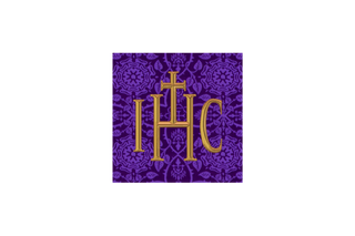 Violet Glastonbury Brocade Lent chalice burse with IHC Christogram embroidery in violet brocade, reverent altar accessory for Lent and Holy Week