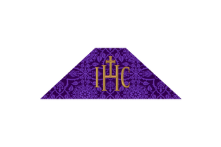 Violet Glastonbury Brocade Lent chalice veil with IHC Christogram embroidery, reverent covering for the chalice in violet brocade for Lent and Holy Week