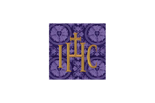 Violet Luther Rose Brocade Lent chalice burse with IHC Christogram embroidery in violet brocade, reverent altar accessory for Lent and Holy Week