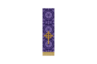 Violet Lent Bible marker with Latin fleur cross encircled by crown of thorns embroidery, fringe detail, in Luther Rose or Glastonbury brocade fabric
