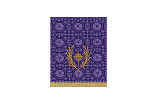 Deep violet Lent pulpit fall with fleur-style cross encircled by crown of thorns and crossed palm branches, embroidered on Luther Rose or Glastonbury brocade