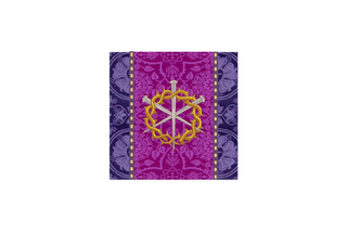 Violet brocade burse with embroidered crown of thorns and three nails, Roman purple orphrey band, Lent liturgical vestment for Holy Week altar use