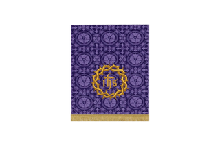 Violet Lent pulpit fall with IHS sacred monogram inside embroidered crown of thorns, deep violet brocade church parament for Lent and Holy Week