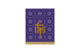 Violet Lent pulpit fall with embroidered IHS Sacred Monogram in deep violet brocade – Holy Name of Jesus design for Lenten worship