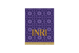 Deep Violet Lent pulpit fall with INRI embroidery on Luther Rose or Glastonbury brocade, symbol of Christ’s kingship and crucifixion