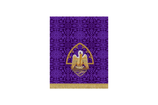 Violet Glastonbury Brocade Lent pulpit fall with embroidered Pelican feeding her young with blood, symbol of Christ’s sacrificial love and the Eucharist, violet brocade