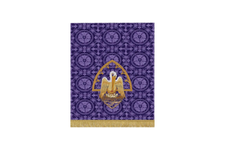 Violet Luther Rose Brocade Lent pulpit fall with embroidered Pelican feeding her young with blood, symbol of Christ’s sacrificial love and the Eucharist, violet brocade