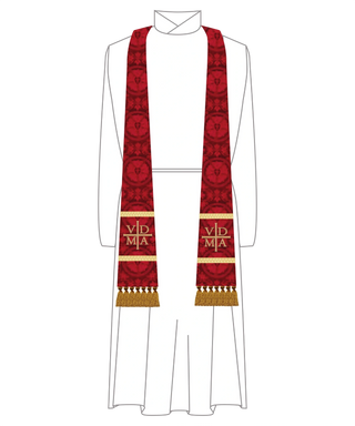 Red Luther Rose Brocade Tapered Pastor Stole with VDMA Embroidery, Gold Trim and Gold tassels