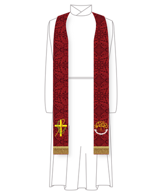 Red custom pastor stole with burning bush and embroidered shepherd’s cross design