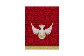 Red Pentecost pulpit fall with descending dove and radiant nimbus embroidery