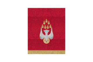 Red Pentecost pulpit fall with descending dove and seven trailing flames