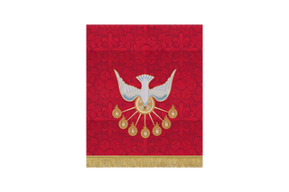Holy Spirit dove with seven flames on red Pentecost pulpit parament