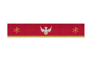 Red Pentecost superfrontal with descending dove and gold Chi Rho symbols