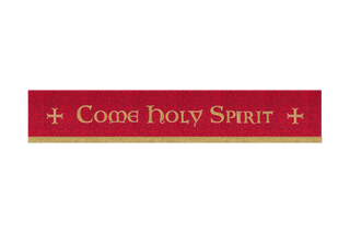 Red Pentecost superfrontal with “Come Holy Spirit” text and gold crosses