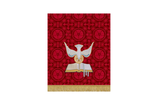Red Pentecost pulpit fall with descending dove and open Bible embroidery