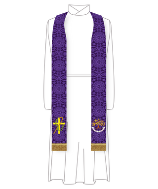 Violet custom pastor stole with burning bush and embroidered shepherd’s cross design