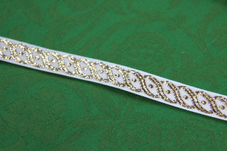 White and metallic gold scroll jacquard ribbon trim, 1/2 inch wide Ribbon