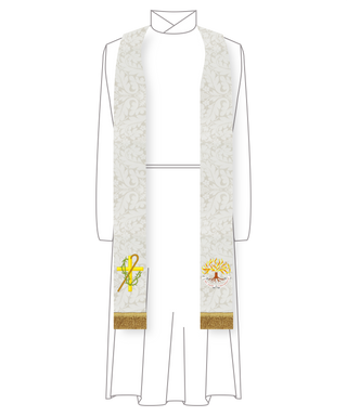 White custom pastor stole with burning bush and embroidered shepherd’s cross design