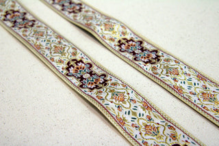 Abbey Rose Jacquard Ribbon with burgundy and rose floral motifs on ivory with metallic gold accents