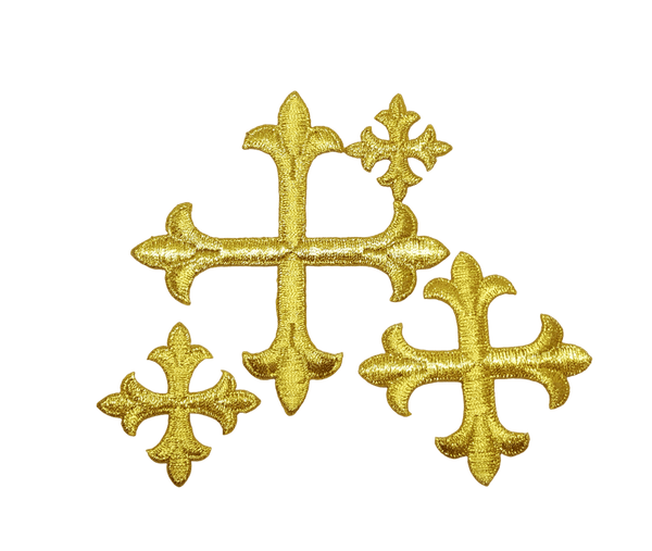Patee Cross Bright Gold Metallic Appliques, Iron On Backing Cross