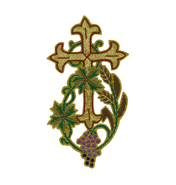 Gold Cross Applique w/ Wheat & Grapes for Clergy Vestments (All Sizes)
