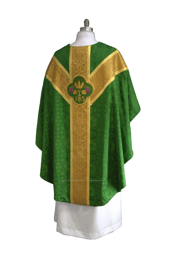 Green Chasuble IHS and Grape Quatrefoil Design | Green Pastor Chasuble - Ecclesiastical Sewing