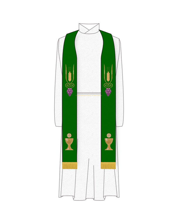 Green Pastor Priest Stole Grapes Chalice Design | Green Trinity Stole - Ecclesiastical Sewing
