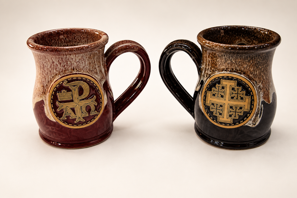 Crusader cups in Crimson Fall and Cream and Dark Chocolate and Caramel on a clean ivory background