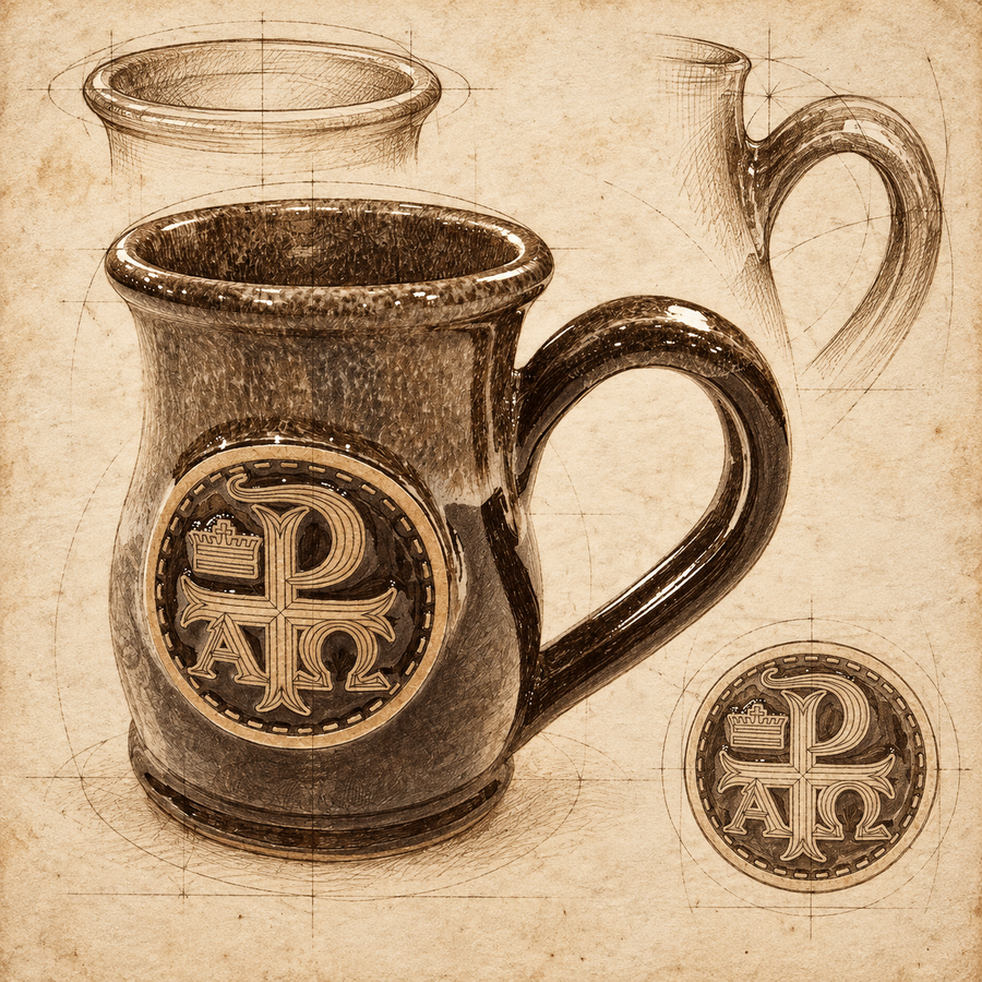 Renaissance-style sepia study of the Deneen tall-belly Crusader cup