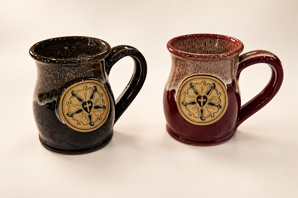 Luther Rose cups in Dark Chocolate and Caramel and Crimson Fall and Cream on a clean ivory background