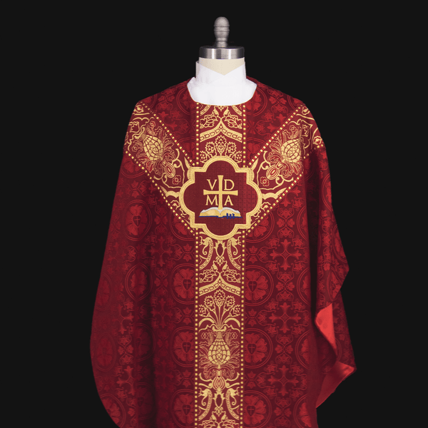 Red Luther Rose Brocade Dove and VDMA Pentecost Chasuble - Dice Braid Trim With Red and Gold Wakefield Orphreys - Ecclesiastical Sewing