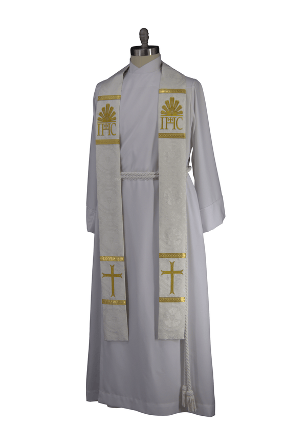 White Pastor or Priest Stole | White Dayspring IHC Monogram Festival Stole - Ecclesiastical Sewing