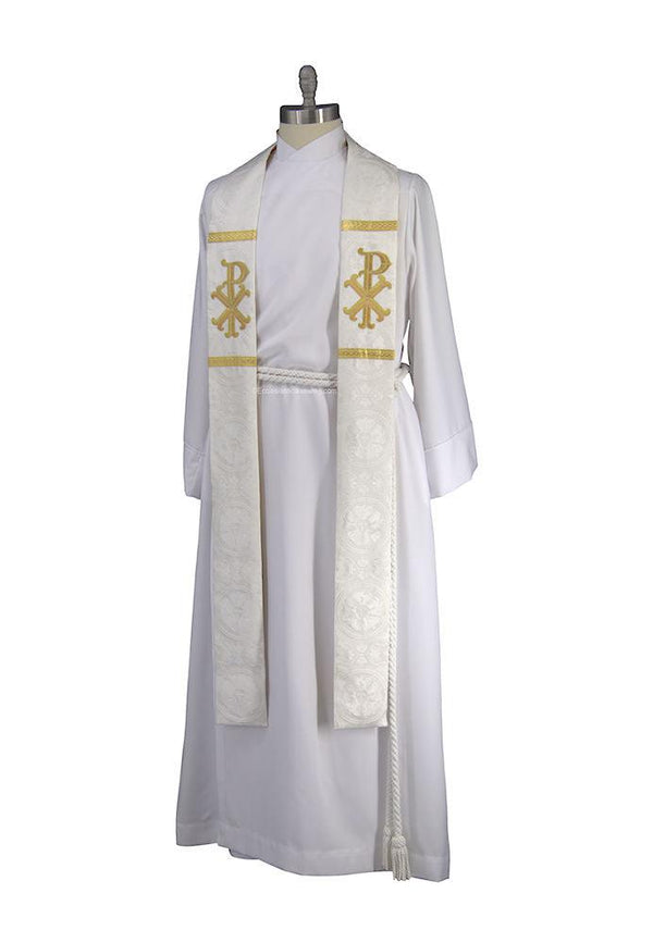 White Pastor or Priest Stole | White Stole with Chi Rho Goldwork Collection - Ecclesiastical Sewing