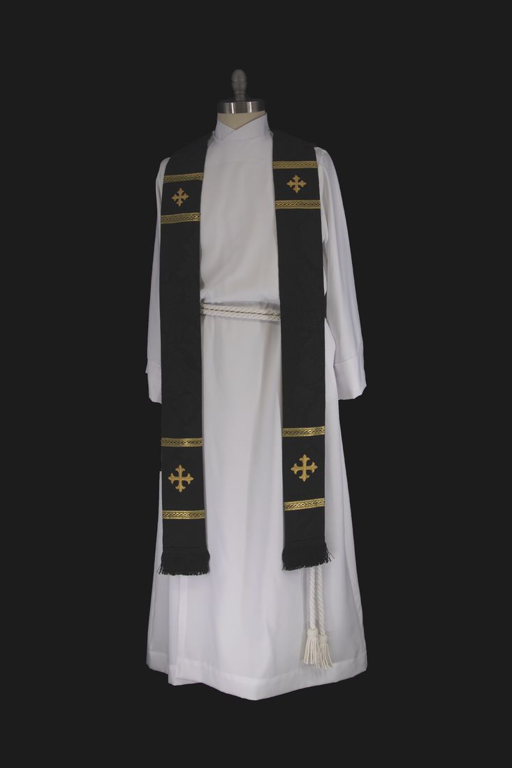 The black brocade stole with gold crosses on a dress form