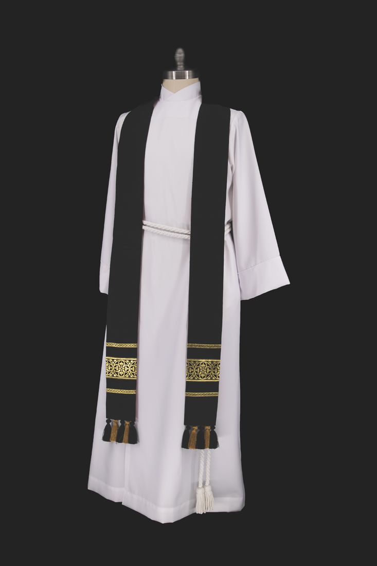 A black stole with gold bands and tassels on a dress form