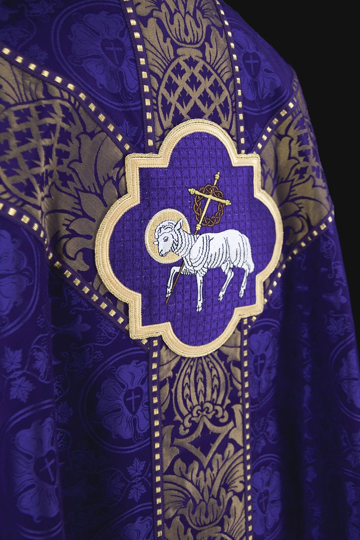 A violet chasuble with the Lamb of God in a gold quatrefoil
