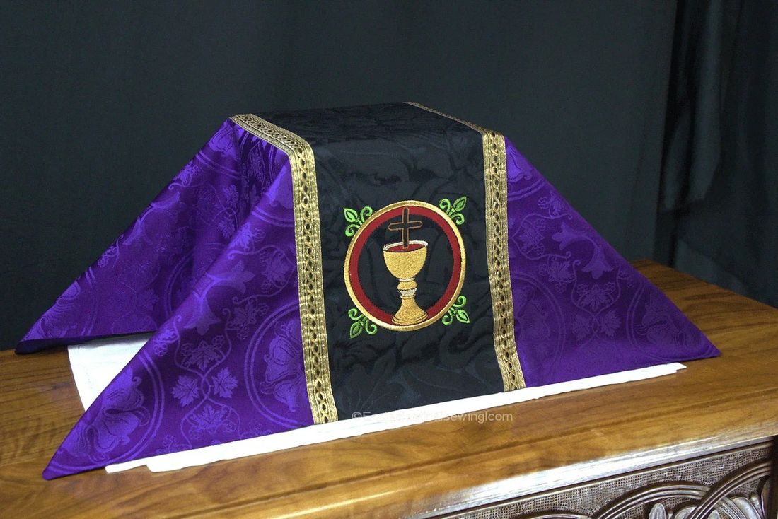The violet Passion chalice veil over a chalice, a chalice embroidered on its black orphrey