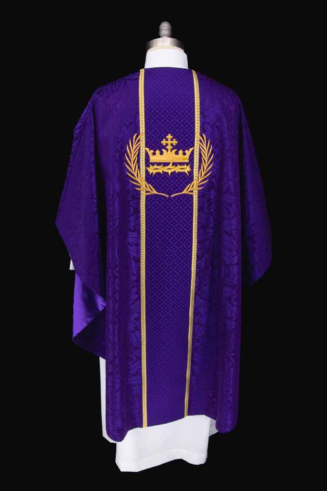 The back of a violet chasuble with a crown and palm branches on the orphrey