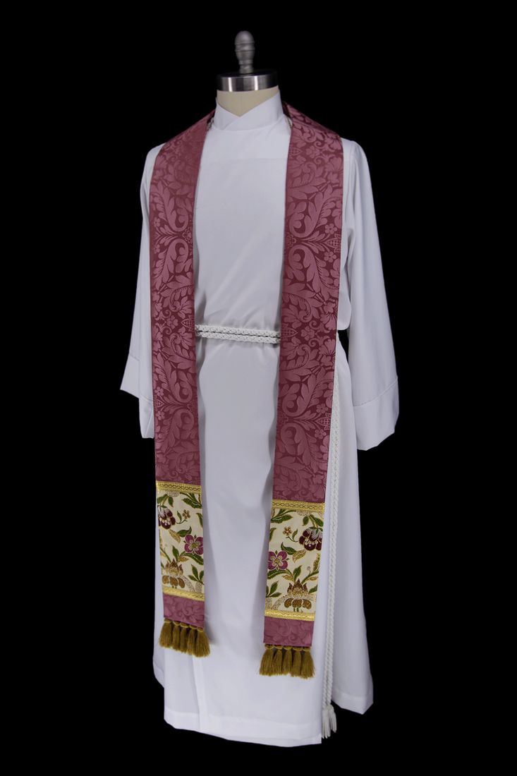 The rose Florence stole with tapestry ends on a dress form