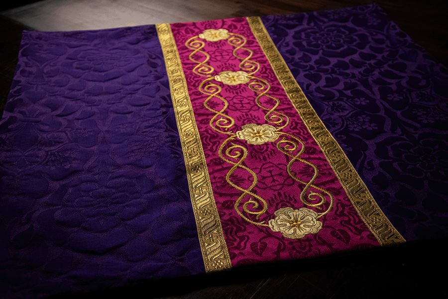 Violet brocade with a magenta and gold orphrey band